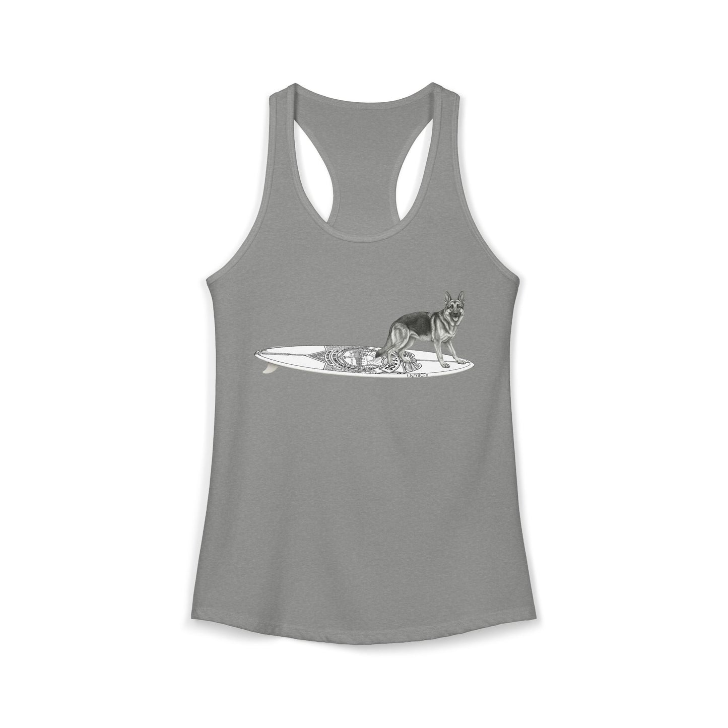 Gray racerback tank top with a erman Shepherd dog on a service dog long surfboard.