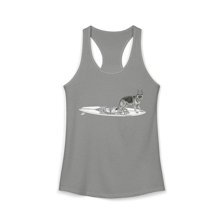 Gray racerback tank top with a erman Shepherd dog on a service dog long surfboard.
