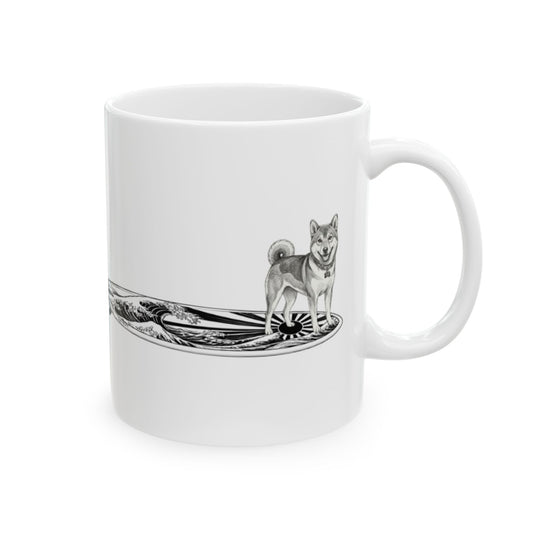 White mug with a Shiba Inu dog on a surfboard with a graphic of a Japanese wave and sun flag on it.
