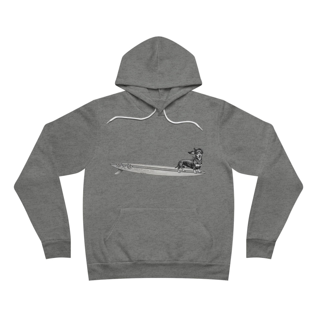 Gray hoodie with a graphic of a Dachshund dog on a racing flags surfboard with a racing flags bandana around its neck.