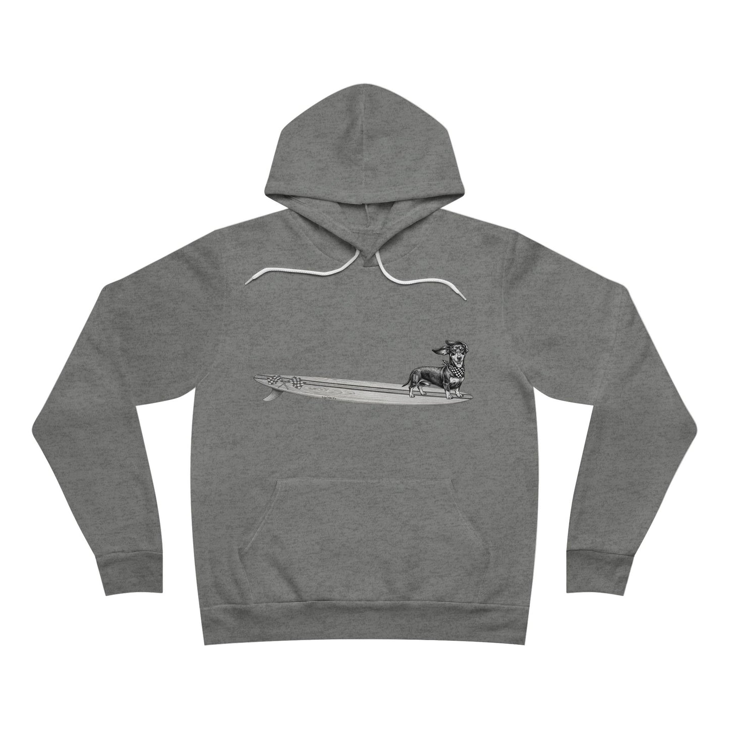 Gray hoodie with a graphic of a Dachshund dog on a racing flags surfboard with a racing flags bandana around its neck.