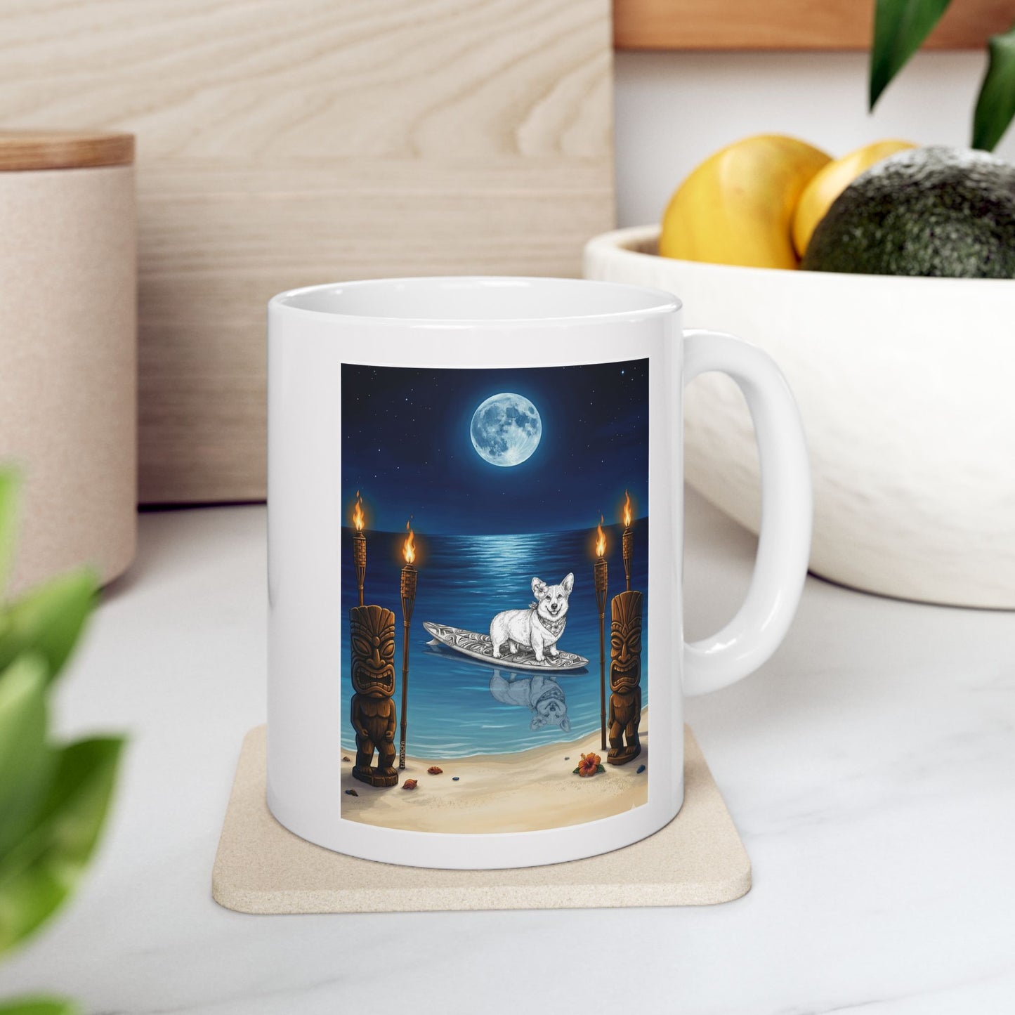 Corgi Moonlit Tiki Surfboard 11 oz Coffee Mug