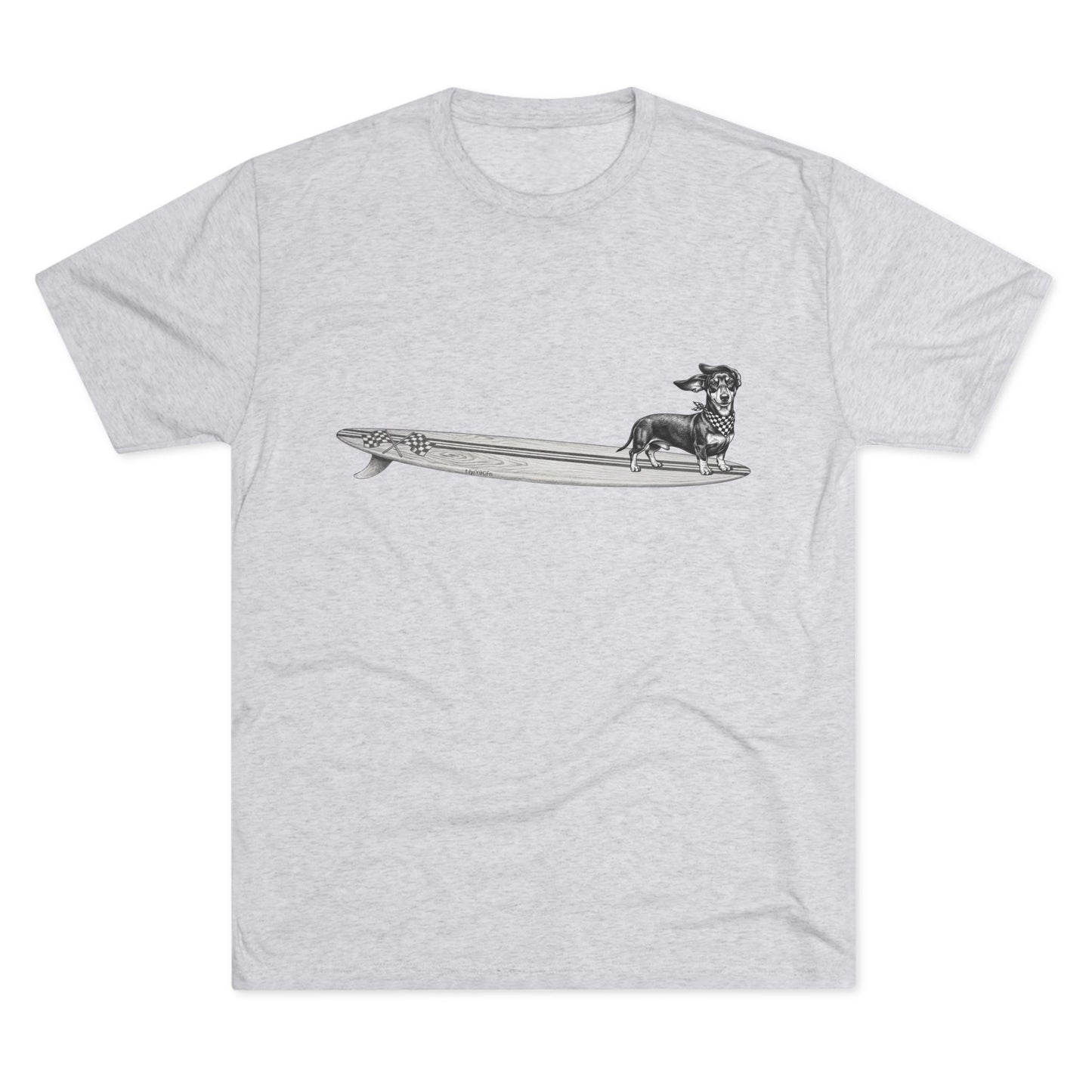 Light heather grey t-shirt with vintage Dachshund wearing checkered racing flag bandana on a wood grain racing flag surfboard — The Swell Dogs