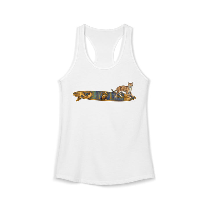 White racerback tank top featuring a tabby cat standing on an Egyptian surfboard