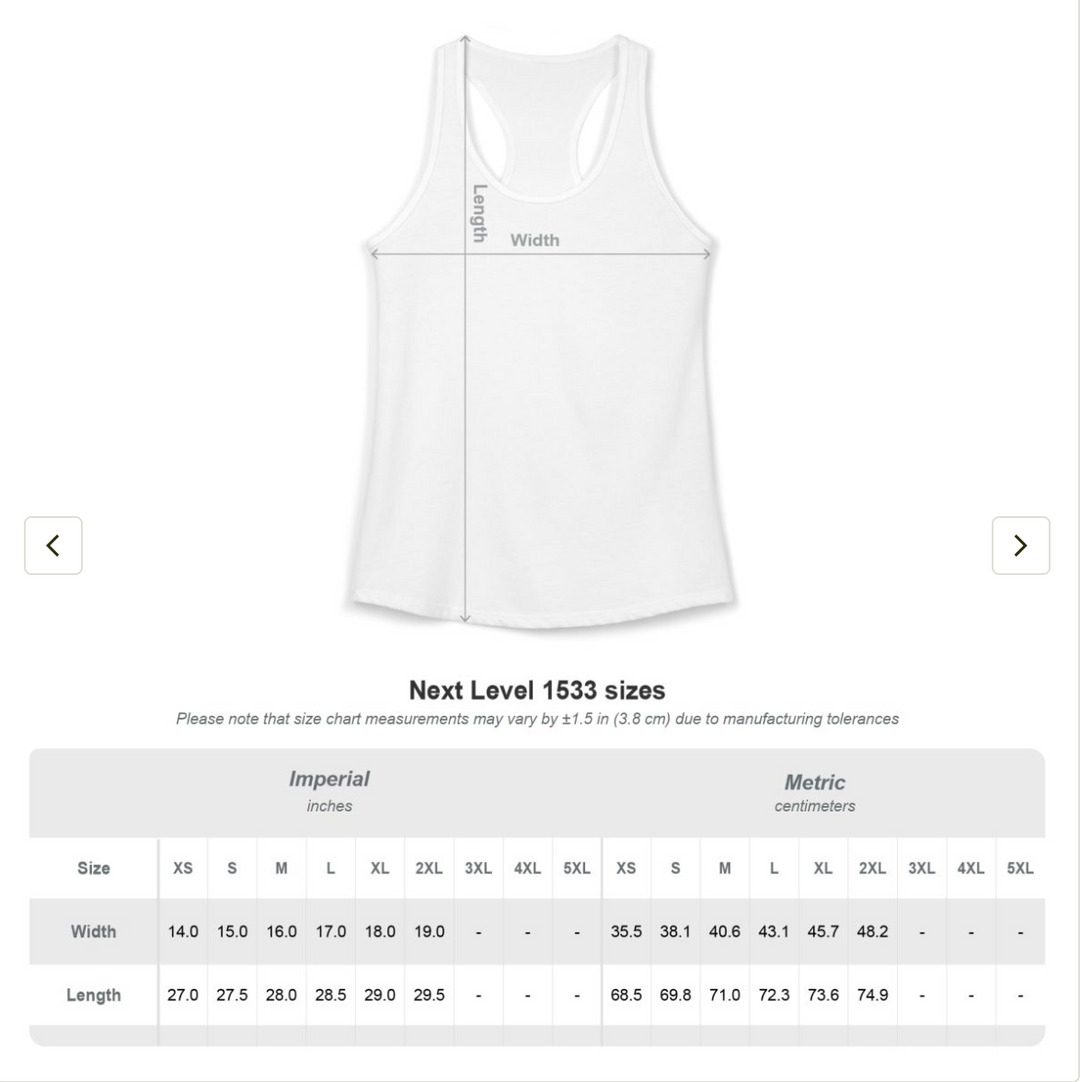 White tank top with measurement lines and size chart on a white background