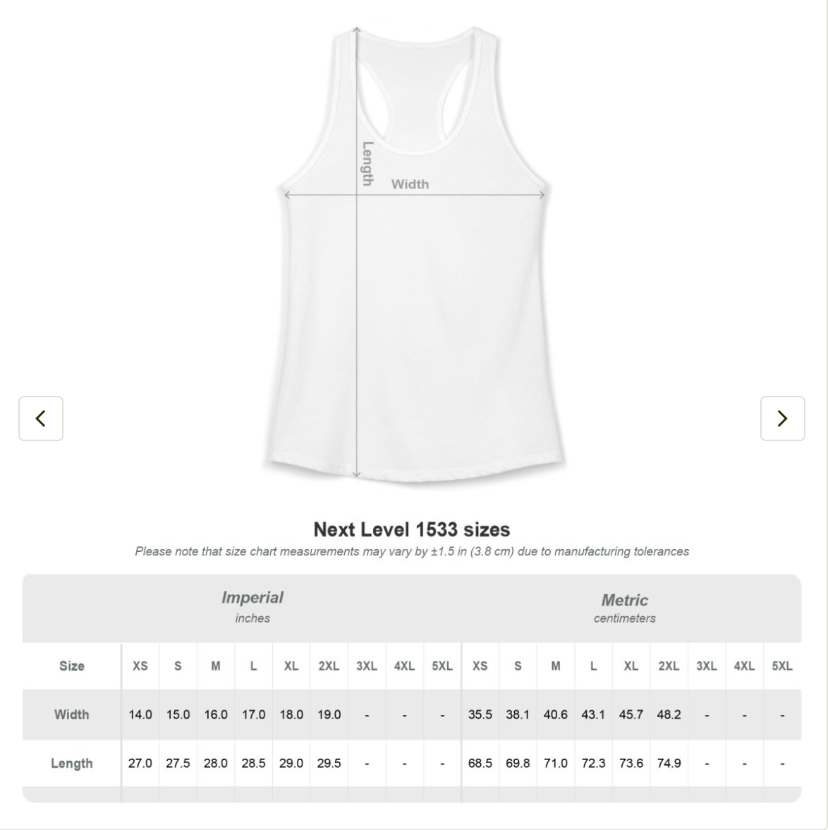 White tank top with measurement lines and size chart on a white background