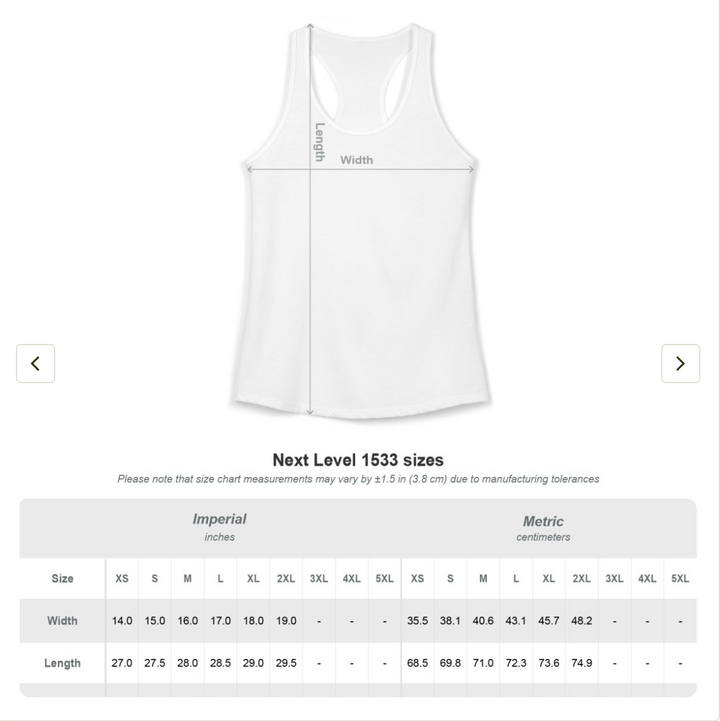 White tank top with measurement lines and size chart on a white background
